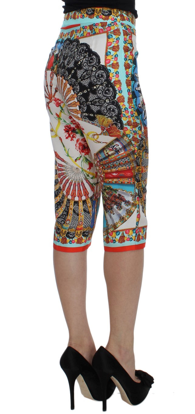 Pantalon en soie multicolore Majolica Sicily de Dolce & Gabbana avec motif floral, coupe élégante et détails colorés.