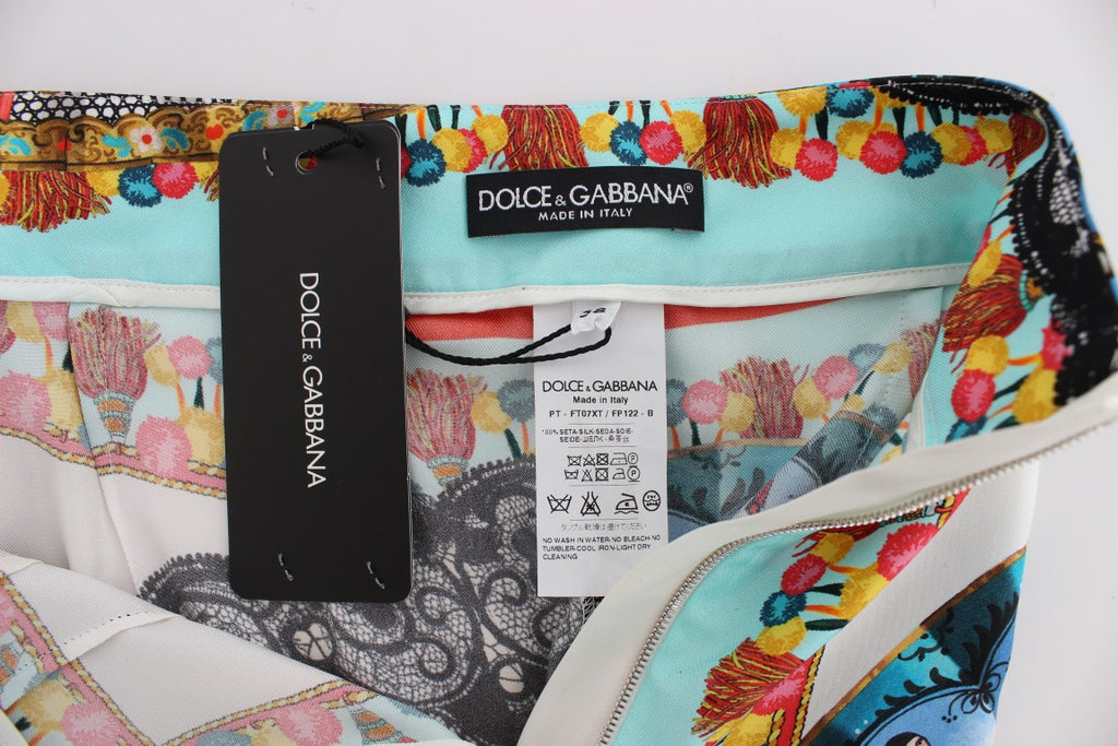 Pantalon en soie multicolore Dolce & Gabbana Majolica Sicily avec motif floral, élégant et vibrant.