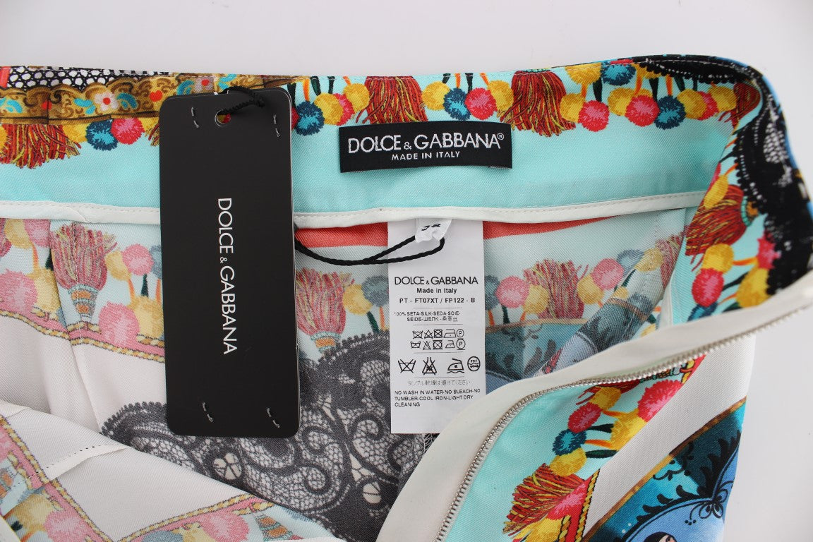 Pantalon en soie multicolore Dolce & Gabbana Majolica Sicily avec motif floral, élégant et vibrant.