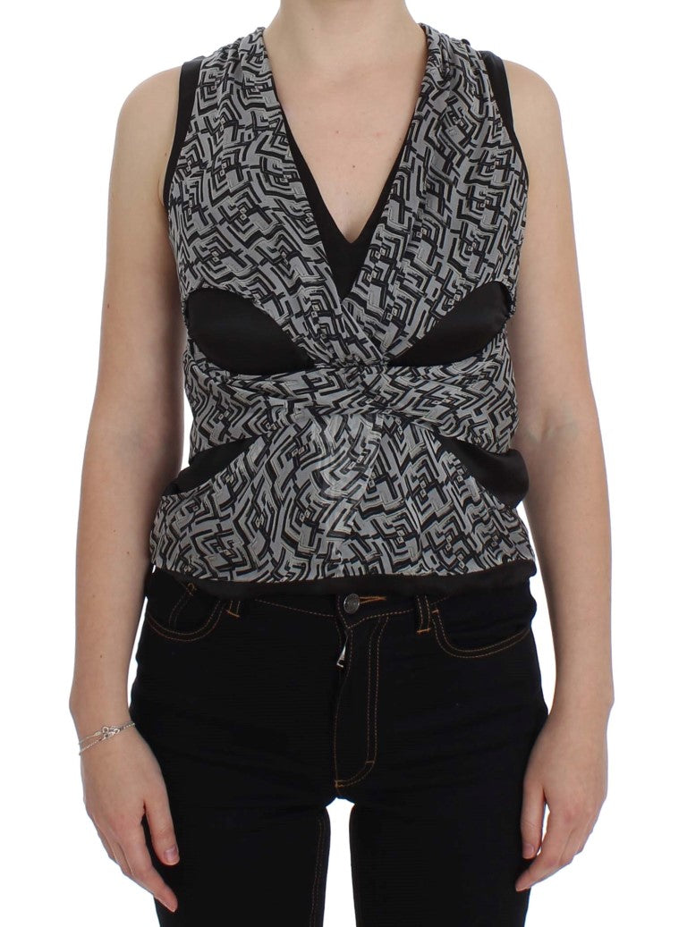 Chemise en soie gris et noire Karl Lagerfeld, haut élégant avec détails sophistiqués, vue de face.