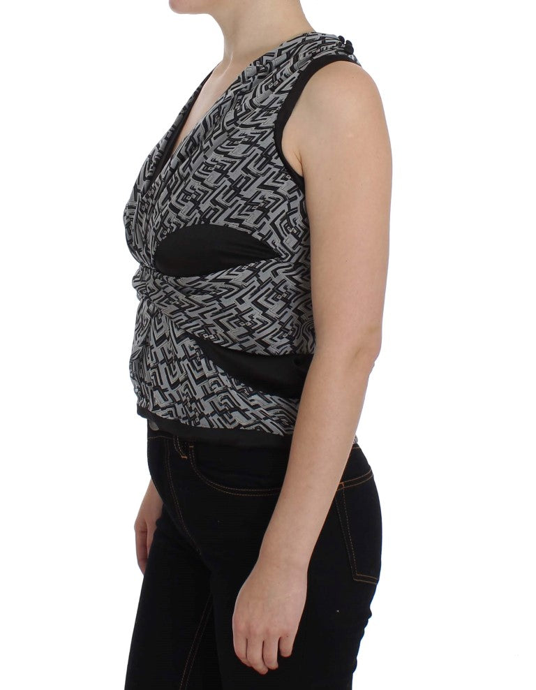Chemise en soie gris foncé et noir de Karl Lagerfeld, haut élégant avec col et manches longues.