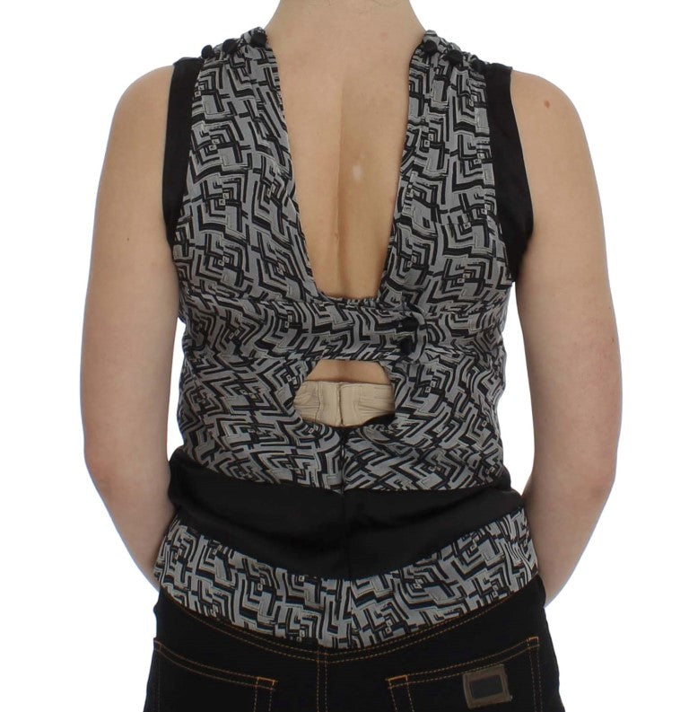 Chemise en soie gris et noire de Karl Lagerfeld, haut élégant avec détails sophistiqués et coupe fluide.