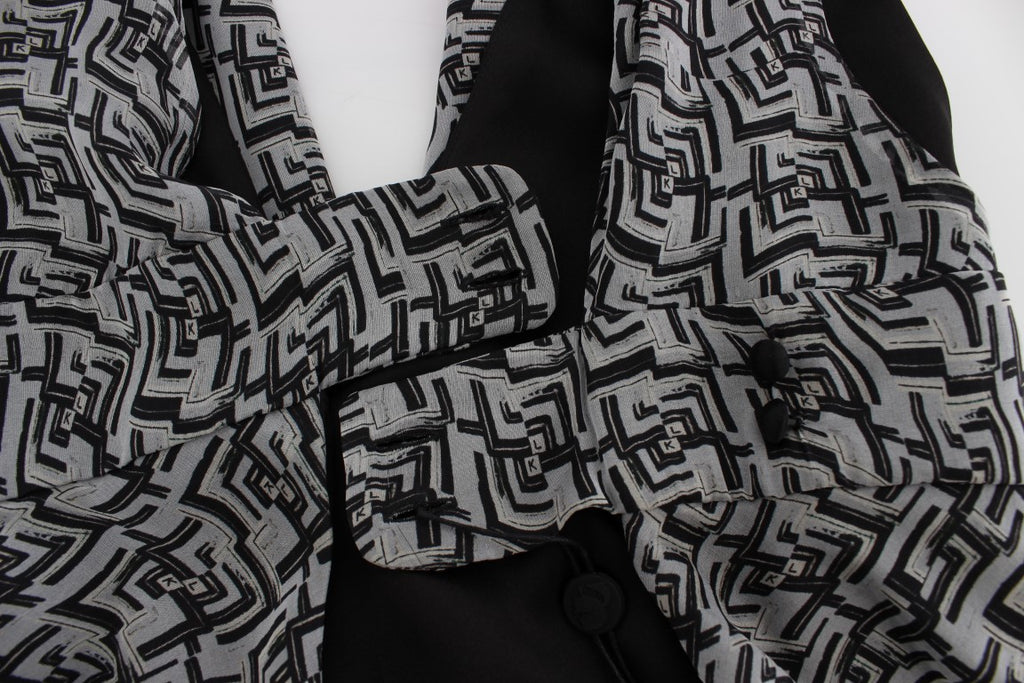 Chemisier en soie gris et noir Karl Lagerfeld, élégant haut à manches longues pour femme.