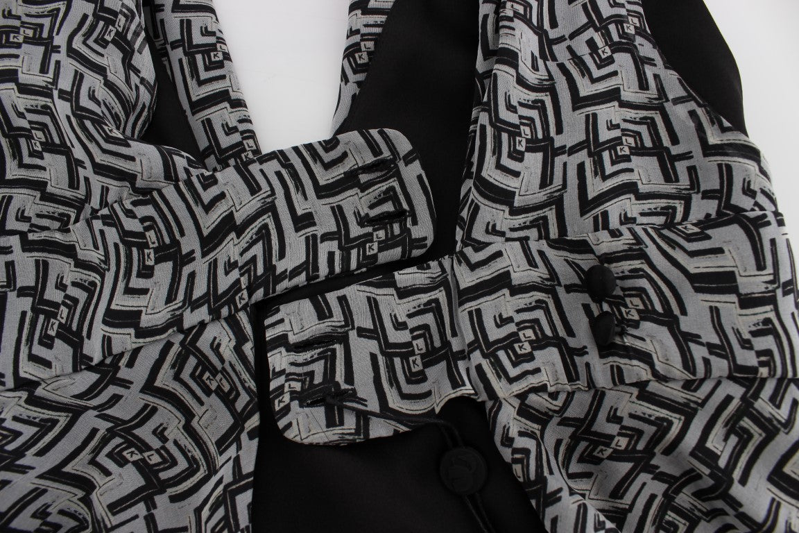 Chemisier en soie gris et noir Karl Lagerfeld, élégant haut à manches longues pour femme.