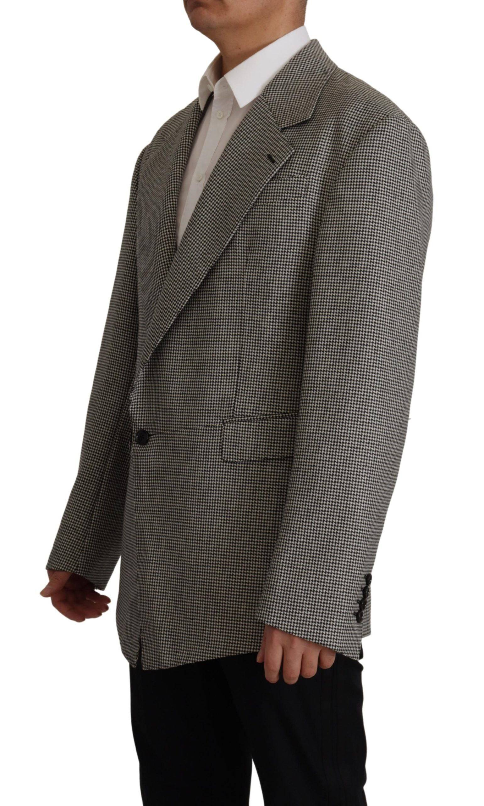 Veste blazer à carreaux gris Dolce & Gabbana, cintrée, à un bouton, avec col classique et poches latérales.