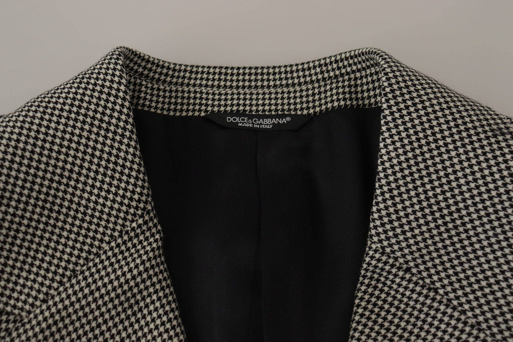 Veste blazer à carreaux gris Dolce & Gabbana à collandais simple, look élégant et sophistiqué, vue frontale.