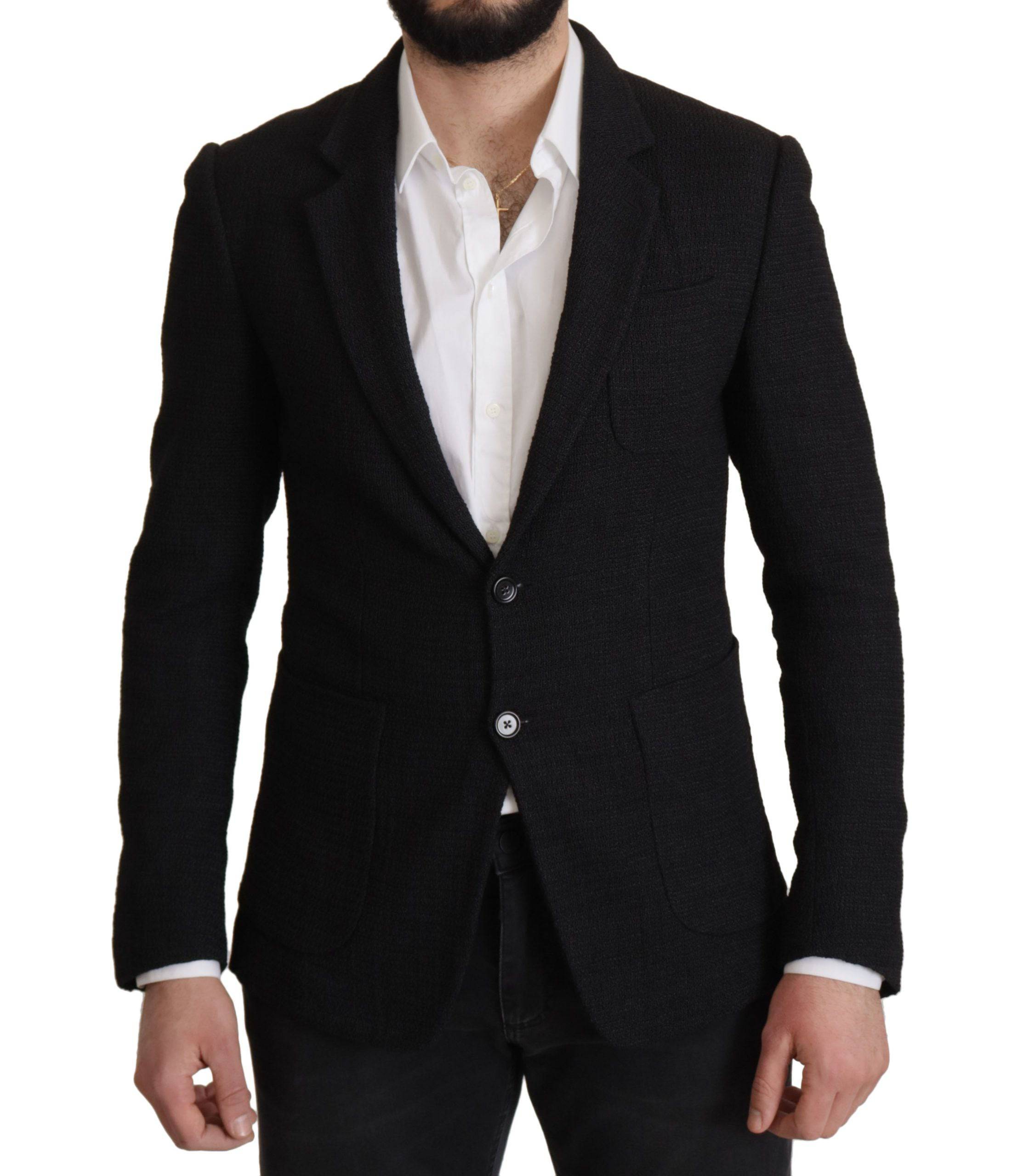 Manteau noir Dolce & Gabbana pour homme, blazer à un bouton, coupe élégante et style classique.