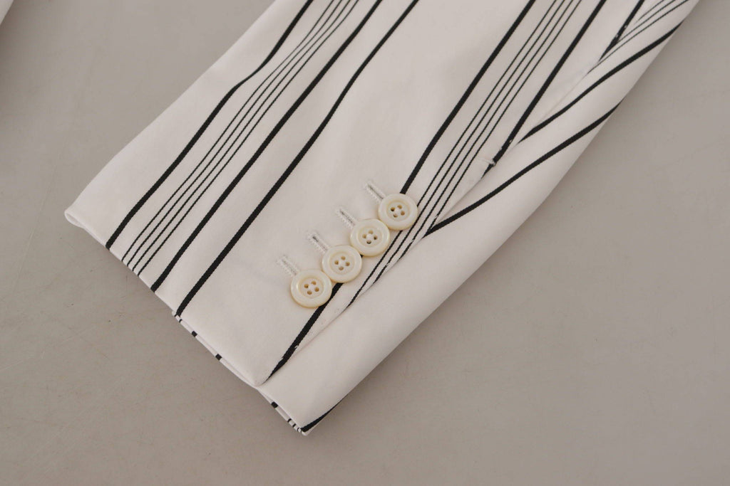 Blazer blanc à rayures en coton Dolce & Gabbana, coupe classique à un bouton, détails élégants et tissu léger.