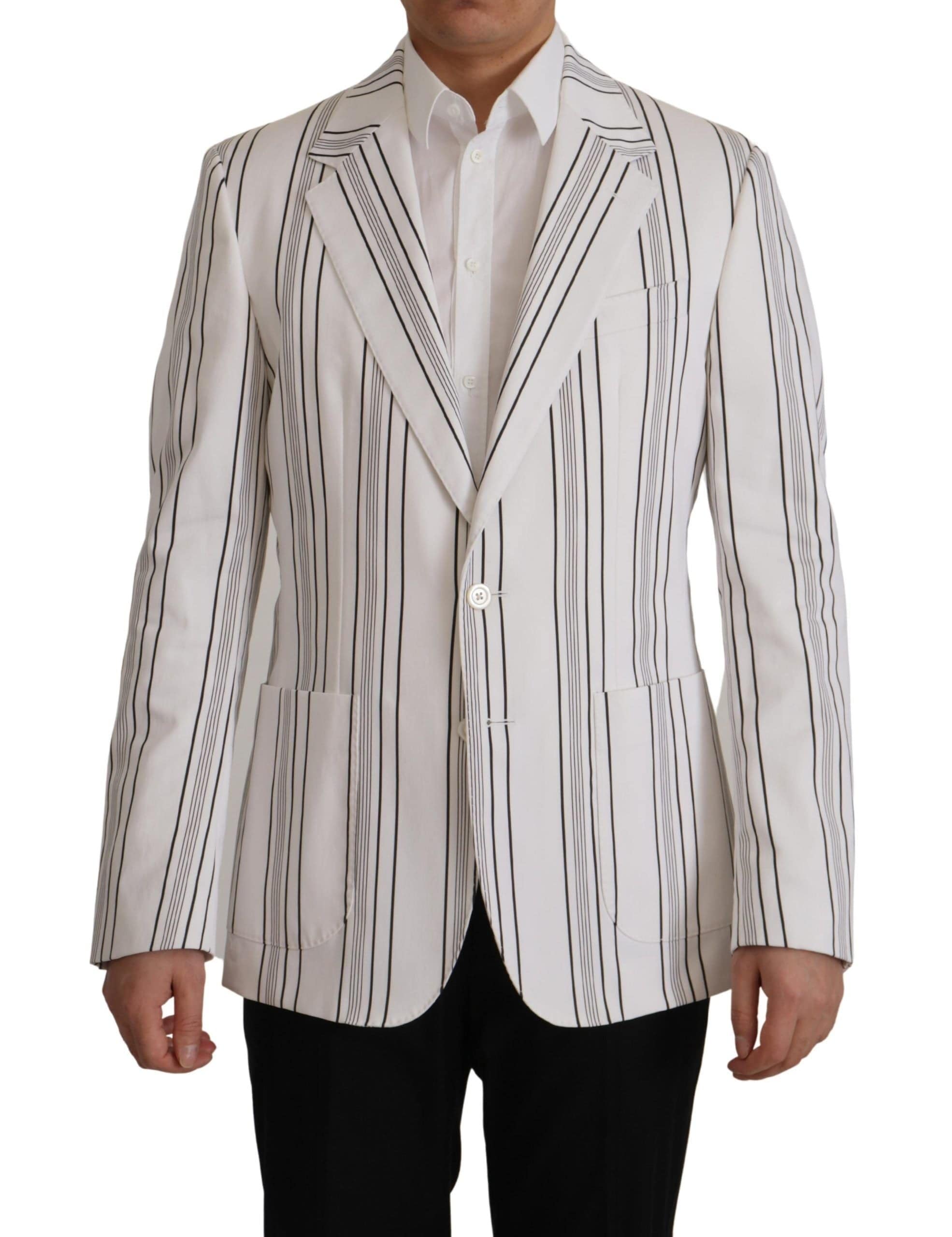 Blazer blanc à rayures en coton Dolce & Gabbana, coupe simple boutonnage croisé, détails élégants, porté sur un mannequin.