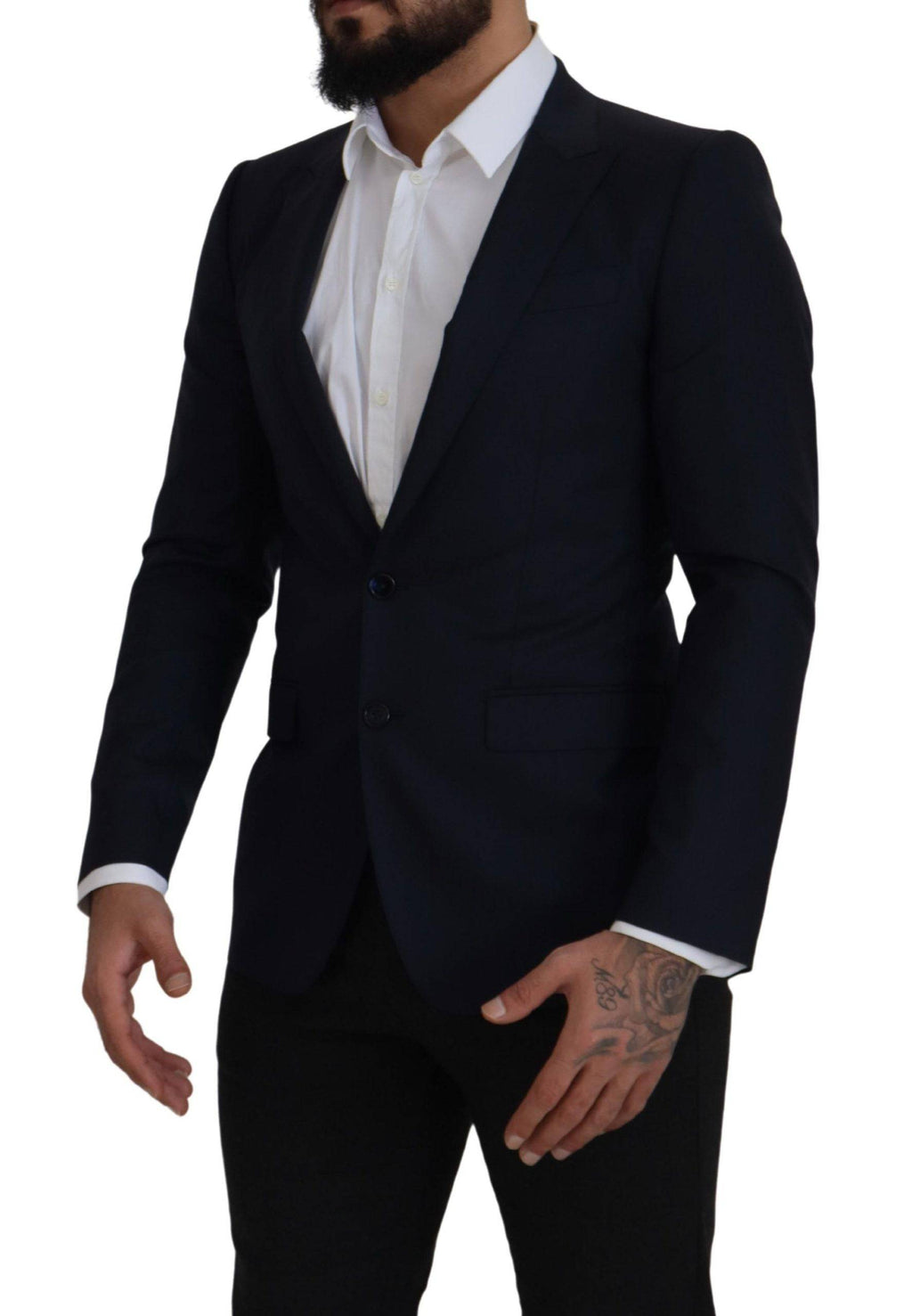 Manteau bleu en laine Dolce & Gabbana, blazer à un seul boutonnage, coupe élégante, tissu texturé, porté sur un mannequin.