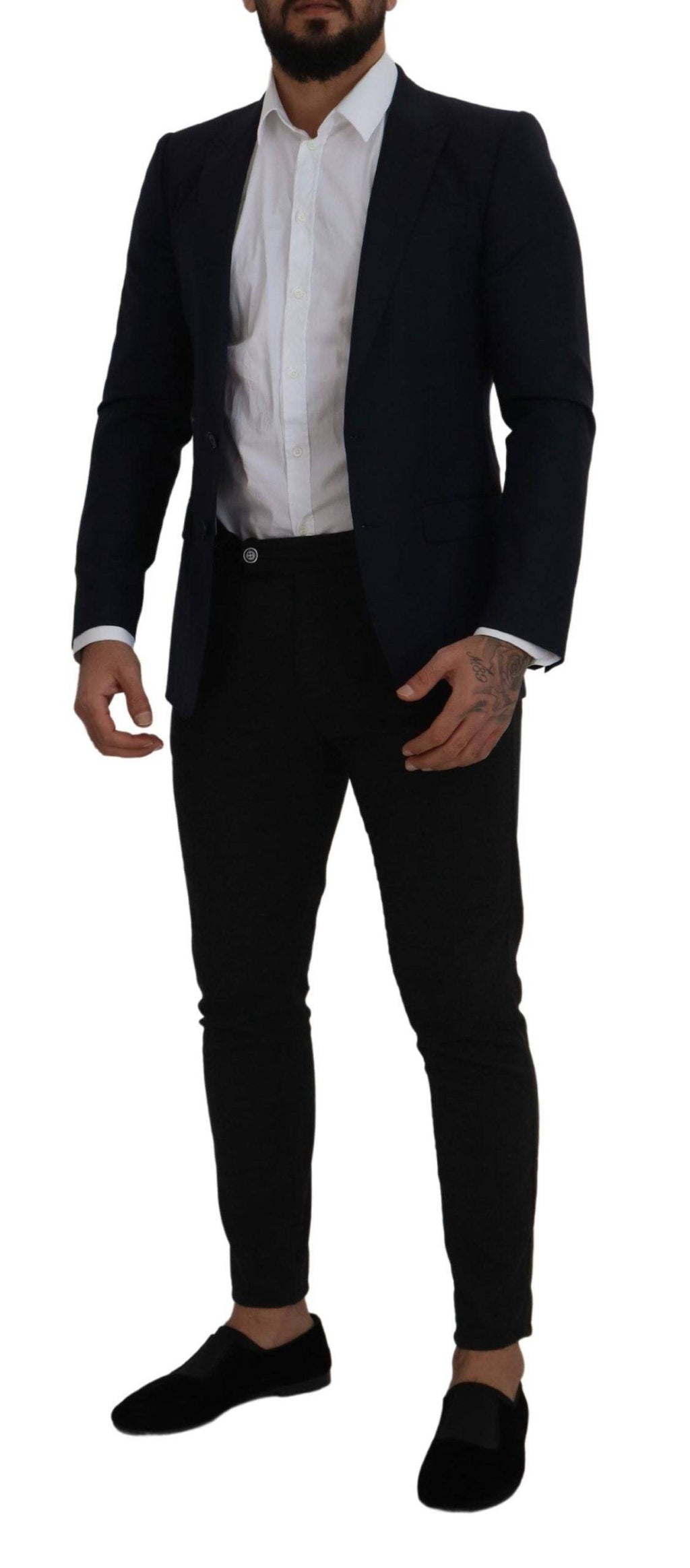 Manteau blazer en laine bleue Dolce & Gabbana à simple boutonnière, porté sur un mannequin.