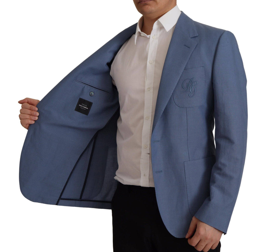 Veste blazer bleue Dolce & Gabbana à un bouton avec logo, coupe ajustée, portée sur un mannequin.