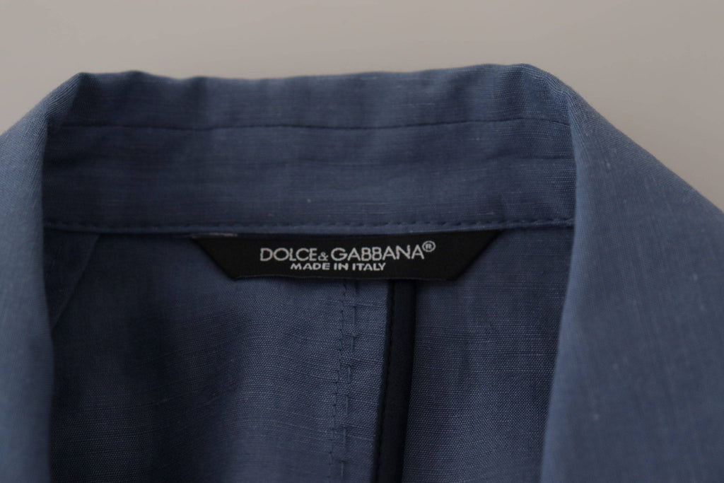 Veste blazer bleue à un bouton avec logo Dolce & Gabbana, coupe élégante et détails sophistiqués.