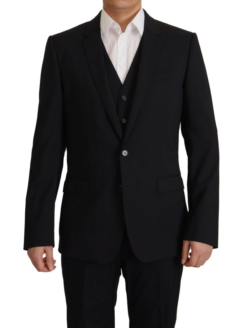 Veste et gilet noir Dolce & Gabbana, costume deux pièces Martini blazer, vue de l'avant sur mannequin.