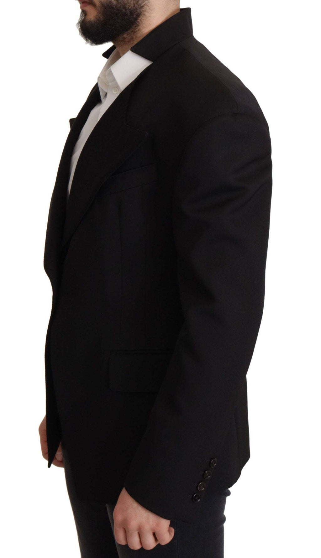Veste blazer en laine noire Dolce & Gabbana à boutonnage simple, élégante et ajustée, portée sur un mannequin.