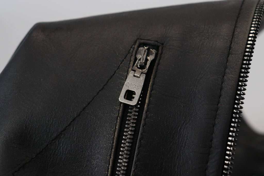 Manteau en cuir noir avec fermeture éclair de style biker de Dolce & Gabbana, vue de face.