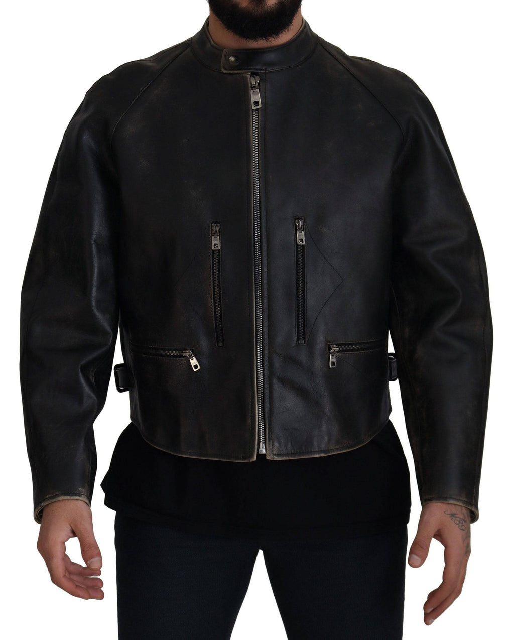 Veste en cuir noir Dolce & Gabbana pour biker avec fermeture éclair, style moderne et élégant.
