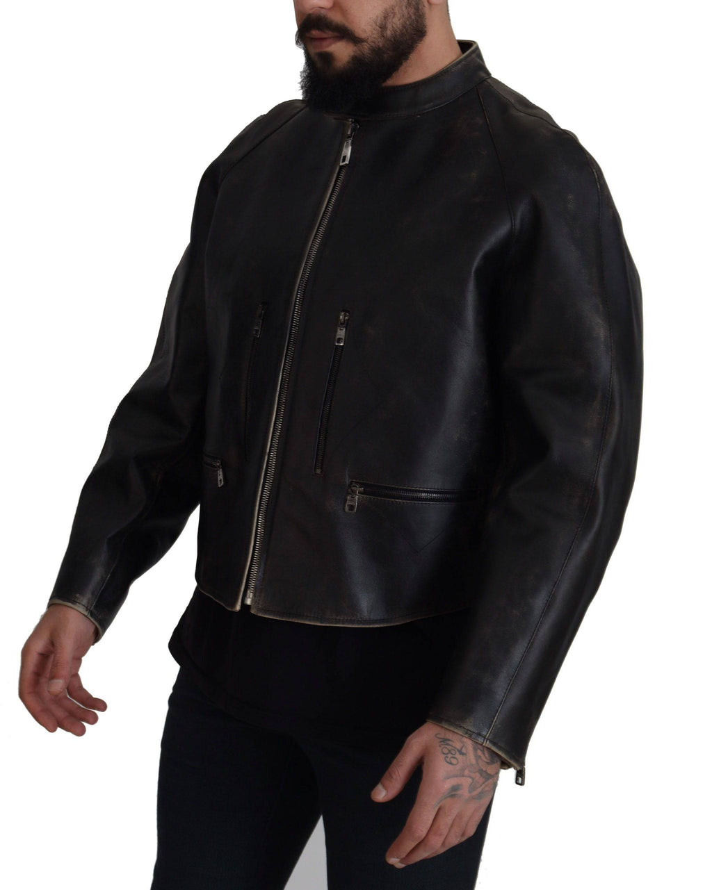Veste en cuir noir Dolce & Gabbana pour biker avec fermeture éclair, style moderne et sophistiqué, vue de face.