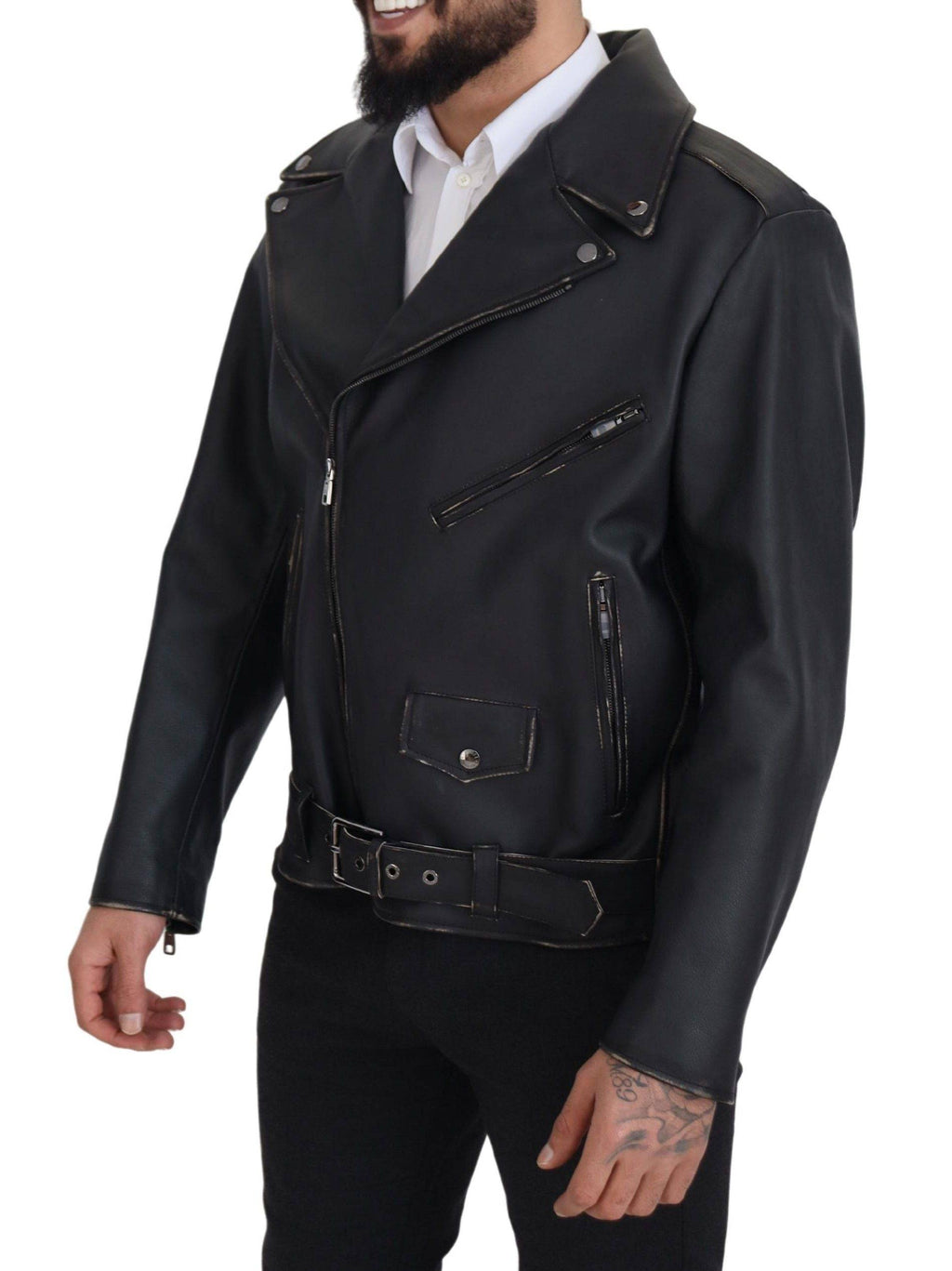 Manteau en cuir noir pour biker de Dolce & Gabbana avec fermeture éclair, style élégant et moderne.