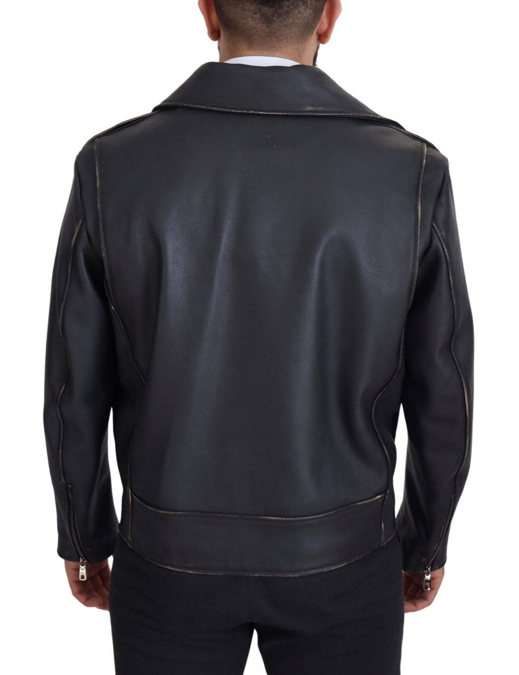 Manteau en cuir noir pour motard de Dolce & Gabbana avec fermeture éclair, style élégant et moderne.