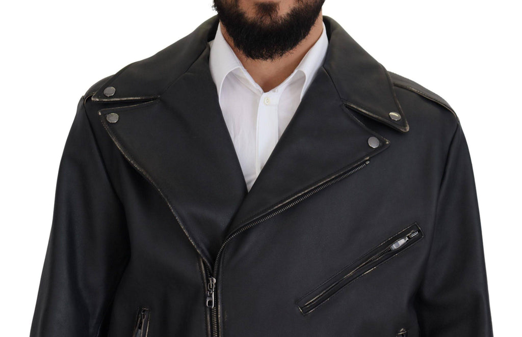 Veste en cuir noir pour biker de Dolce & Gabbana avec fermeture éclair, style élégant et moderne, vue de face.