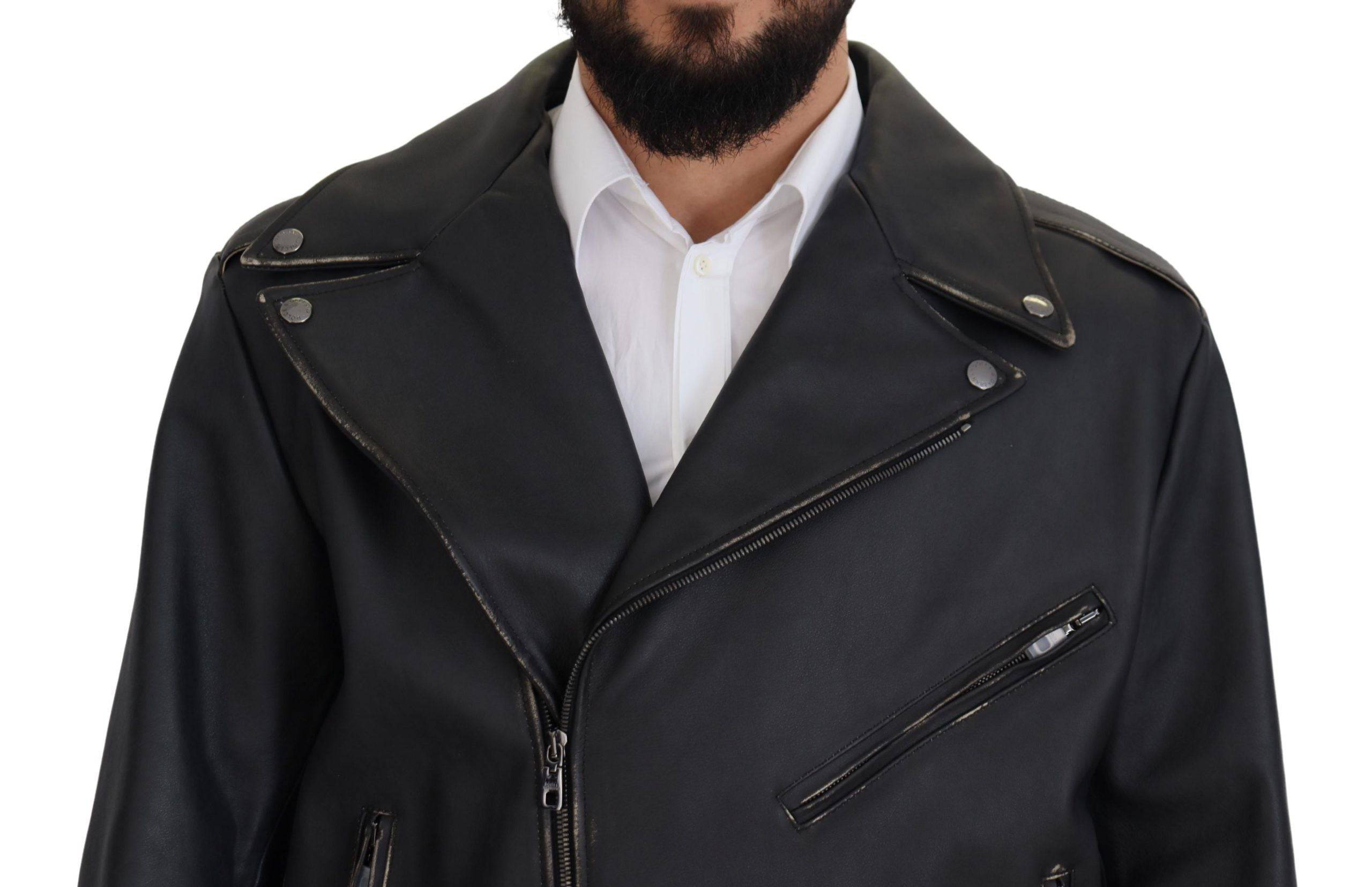 Veste en cuir noir pour biker de Dolce & Gabbana avec fermeture éclair, style élégant et moderne, vue de face.
