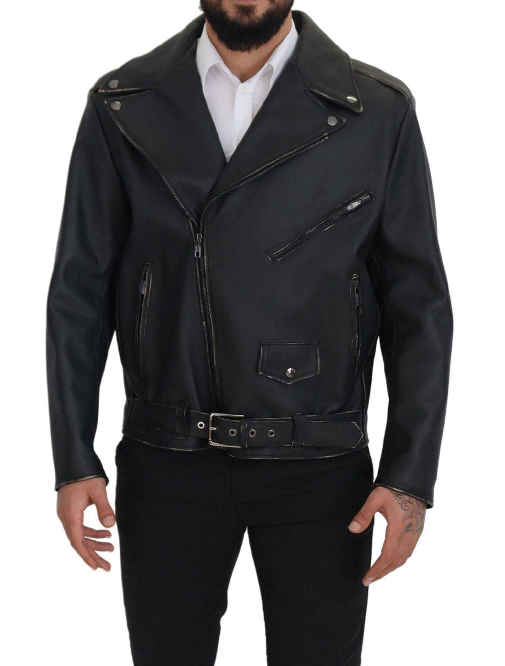 Veste en cuir noire pour motard de Dolce & Gabbana avec fermeture éclair, style élégant et moderne.