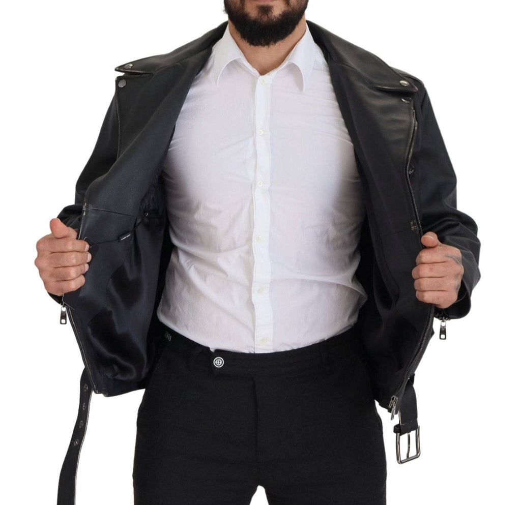 Veste en cuir noire Dolce & Gabbana pour motard avec fermeture éclair, style élégant et moderne.