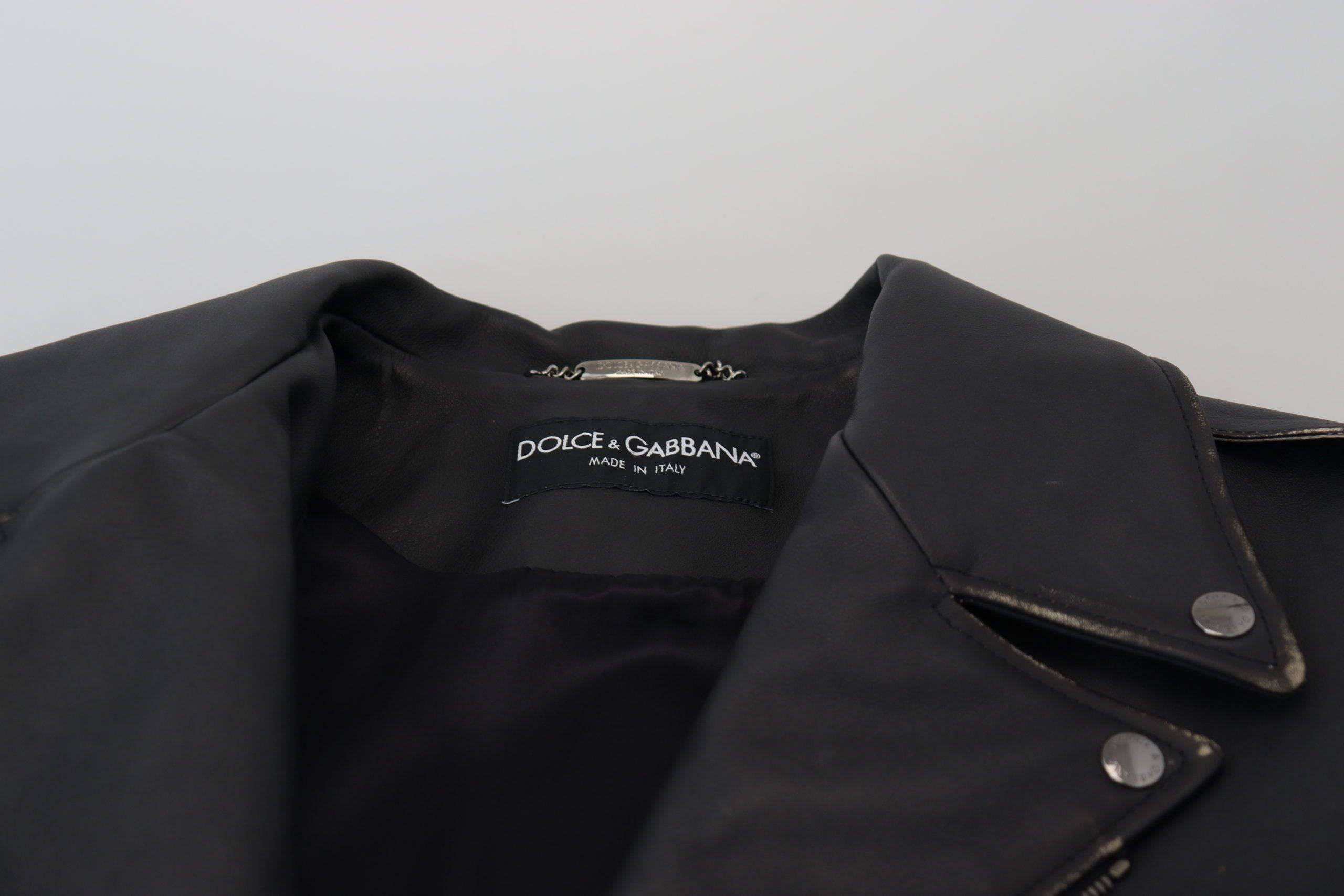 Veste en cuir noire pour biker de Dolce & Gabbana avec fermeture éclair, style moderne et élégant.