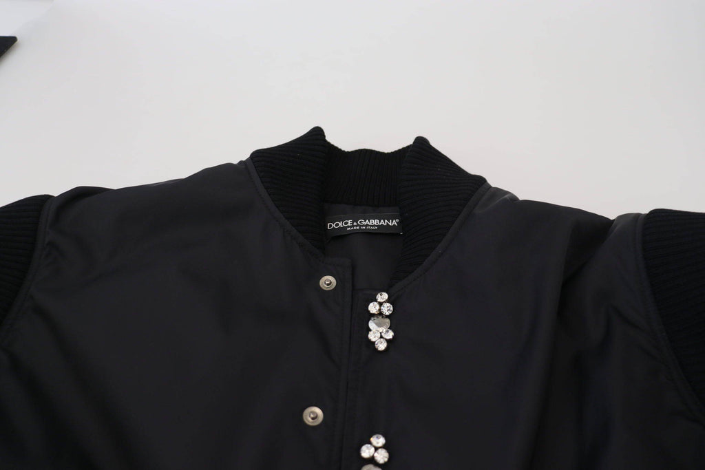 Veste noire en nylon avec boutons en cristaux Dolce & Gabbana, veste élégante et moderne avec détails brillants.