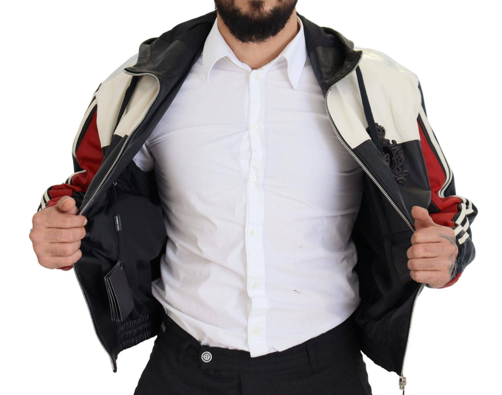Blouson en cuir noir Dolce & Gabbana avec capuche, veste élégante et décontractée, visible avec détails de couture.