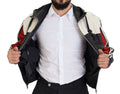 Blouson en cuir noir Dolce & Gabbana avec capuche, veste élégante et décontractée, visible avec détails de couture.