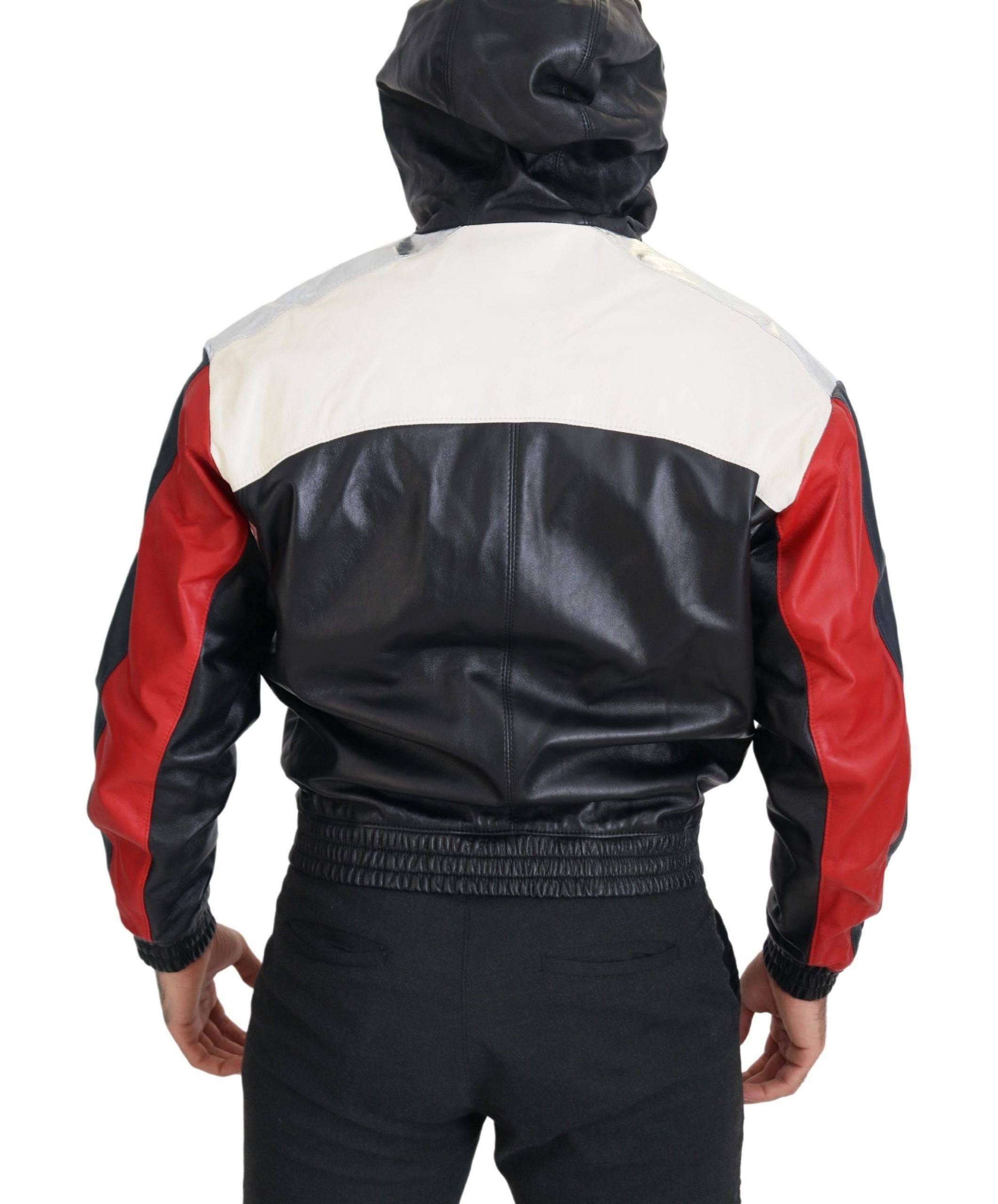 Veste blouson en cuir noir avec capuche de Dolce & Gabbana, style élégant et moderne pour femme.