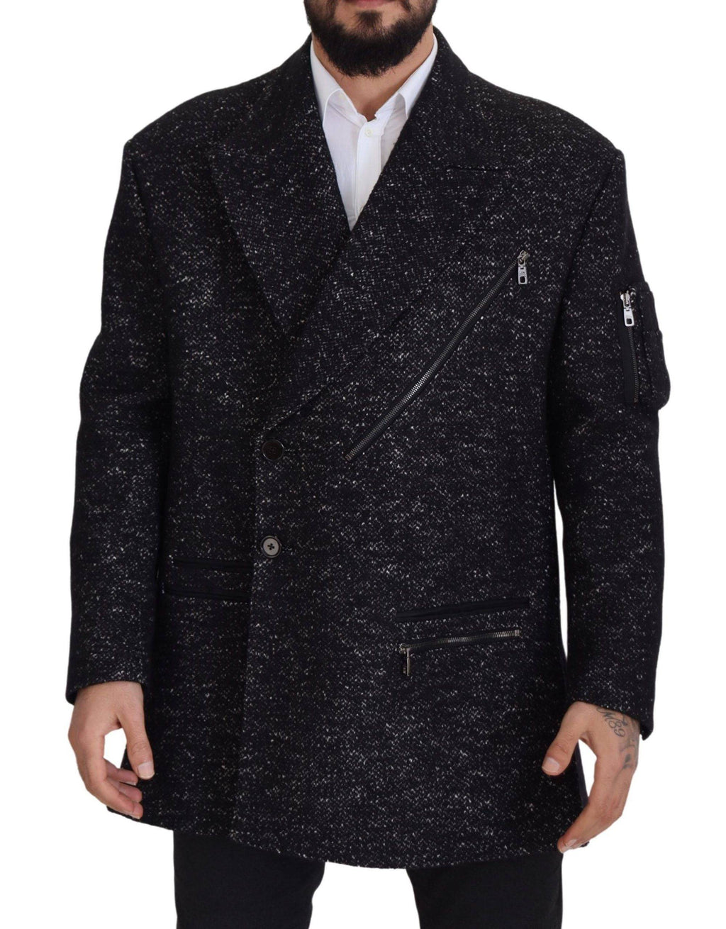 Manteau homme en laine noire Dolce & Gabbana, double boutonnage, veste élégante avec col classique et poches latérales.