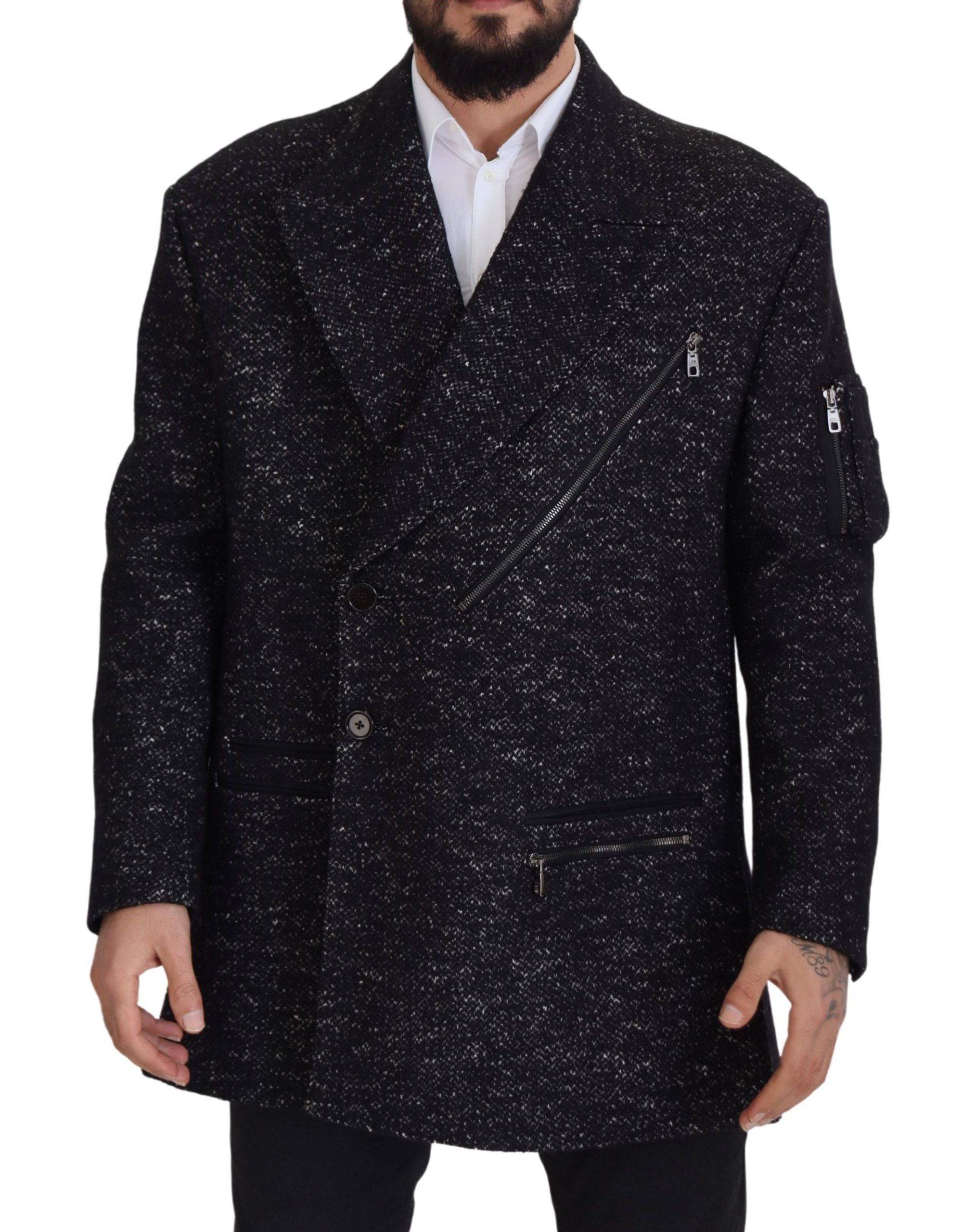 Manteau homme en laine noire Dolce & Gabbana, double boutonnage, veste élégante avec col classique et poches latérales.