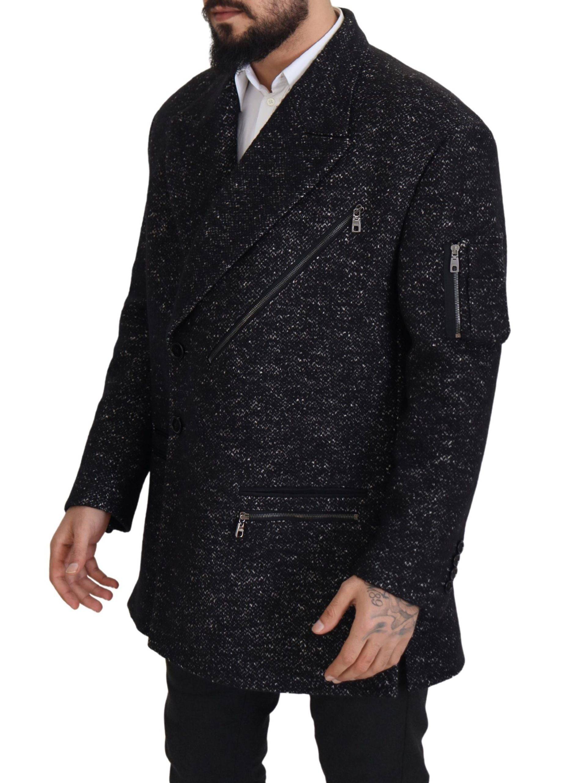 Manteau homme en laine noire Dolce & Gabbana, double boutonnage, veste élégante avec col et poches latérales.