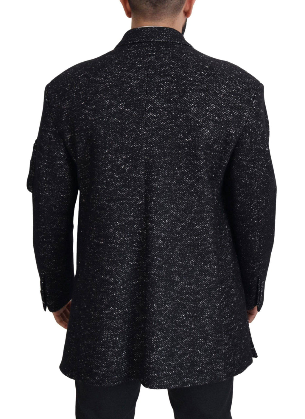 Manteau homme en laine noire Dolce & Gabbana, double boutonnage, style élégant et coupe classique.