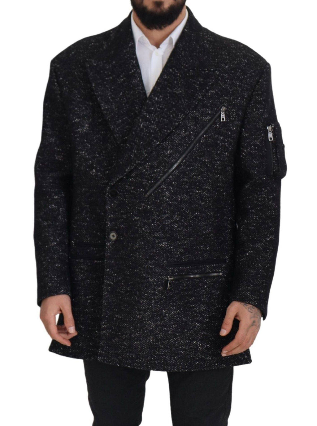 Manteau homme Dolce & Gabbana en laine noire à double boutonnage, style élégant et chaud, porté sur un mannequin.
