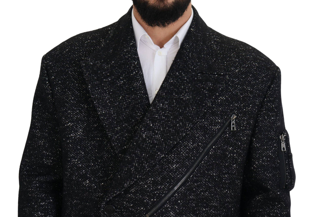Manteau homme en laine noire Dolce & Gabbana, double boutonnage, coupe élégante, veste chic en tissu épais et chaud.