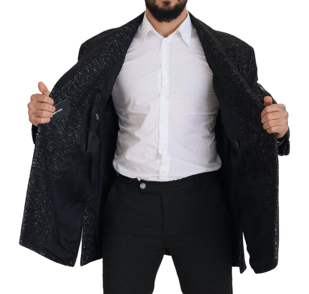 Manteau pour homme Dolce & Gabbana en laine noire, à double boutonnage et col élégant, veste chic et sophistiquée.