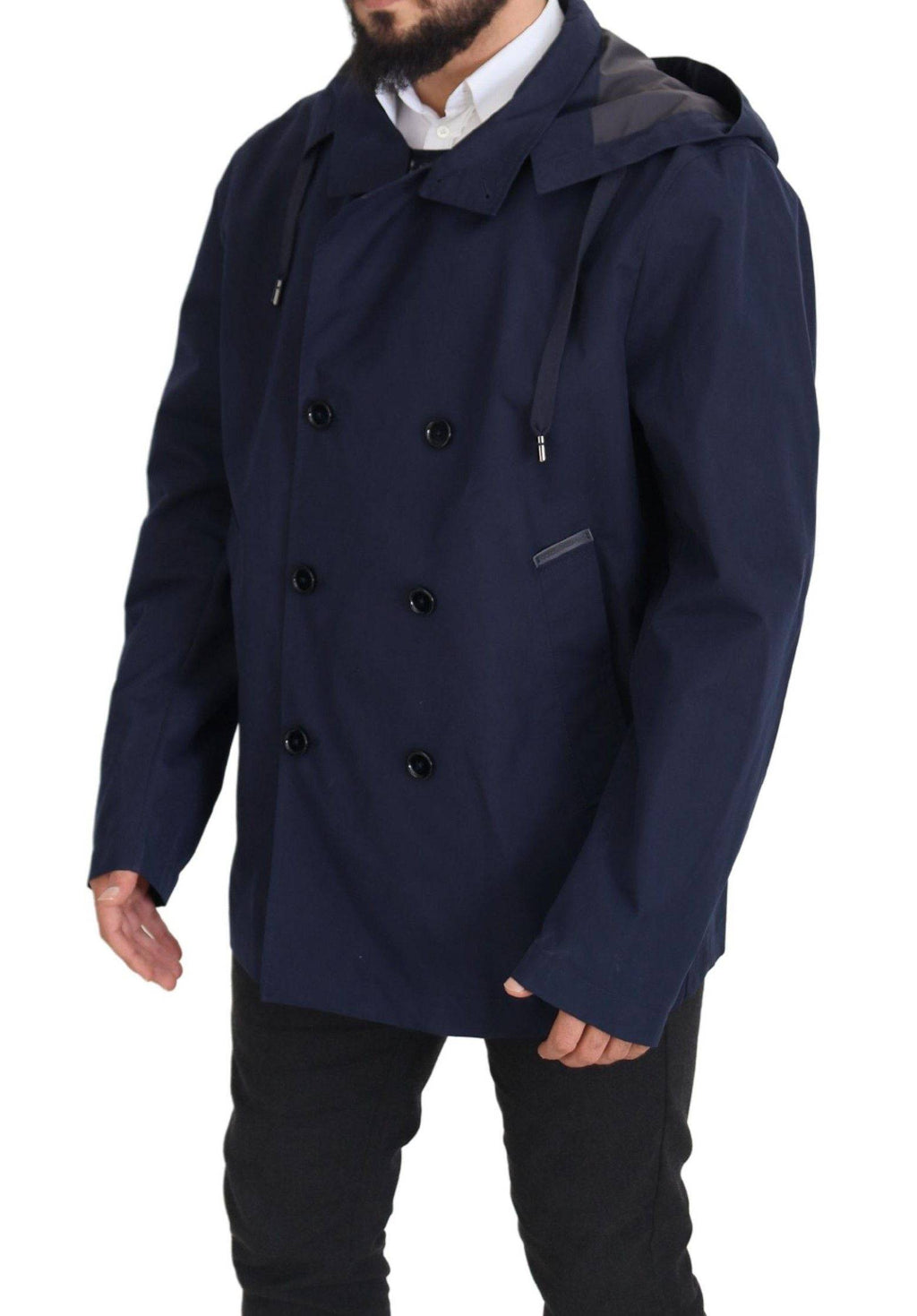 Manteau doublé à capuche bleu Dolce & Gabbana, coupe élégante, avec boutons croisés et détails sophistiqués.