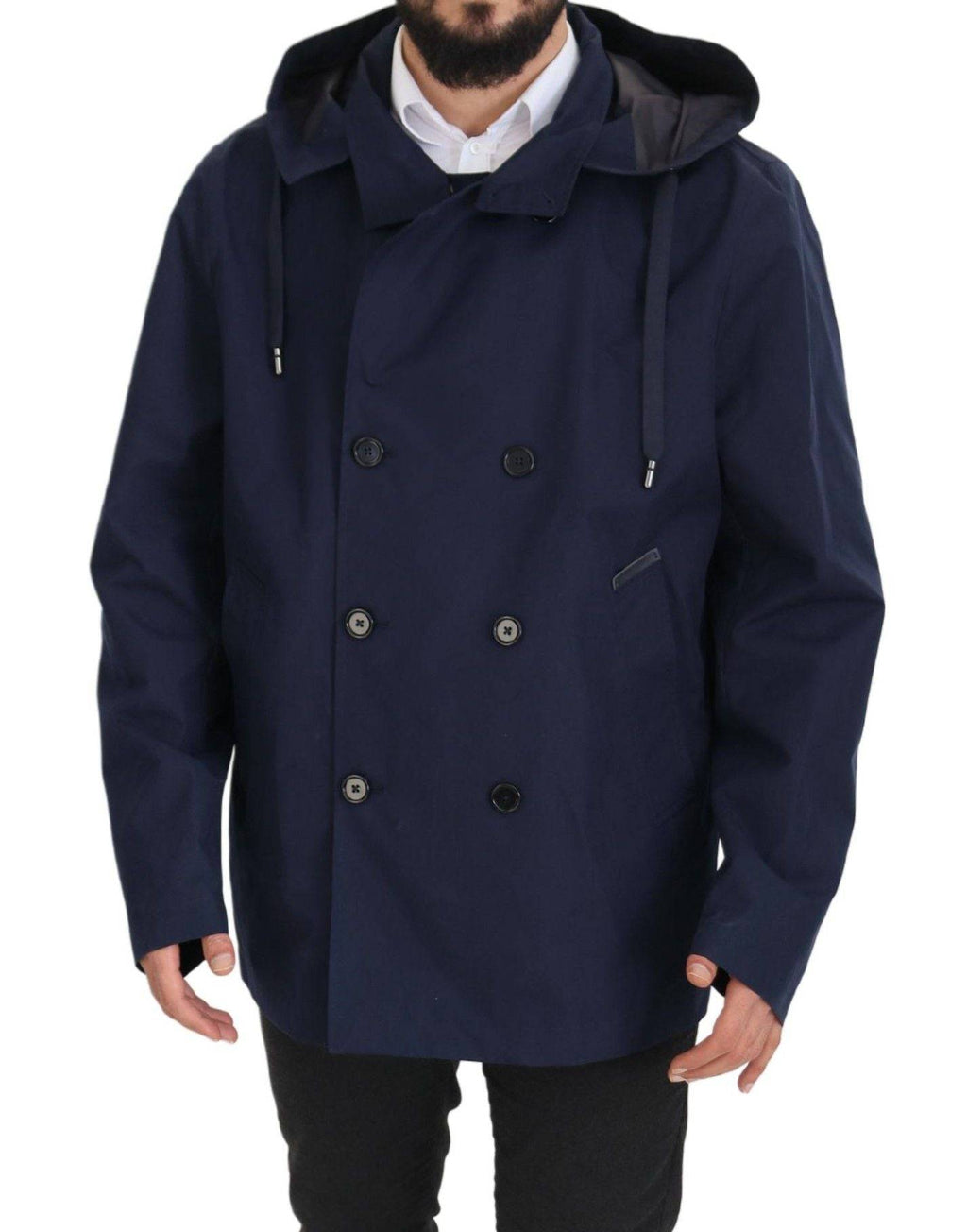 Manteau bleu à capuche Dolce & Gabbana, veste double boutonnage élégante, en tissu chaud et sophistiqué.
