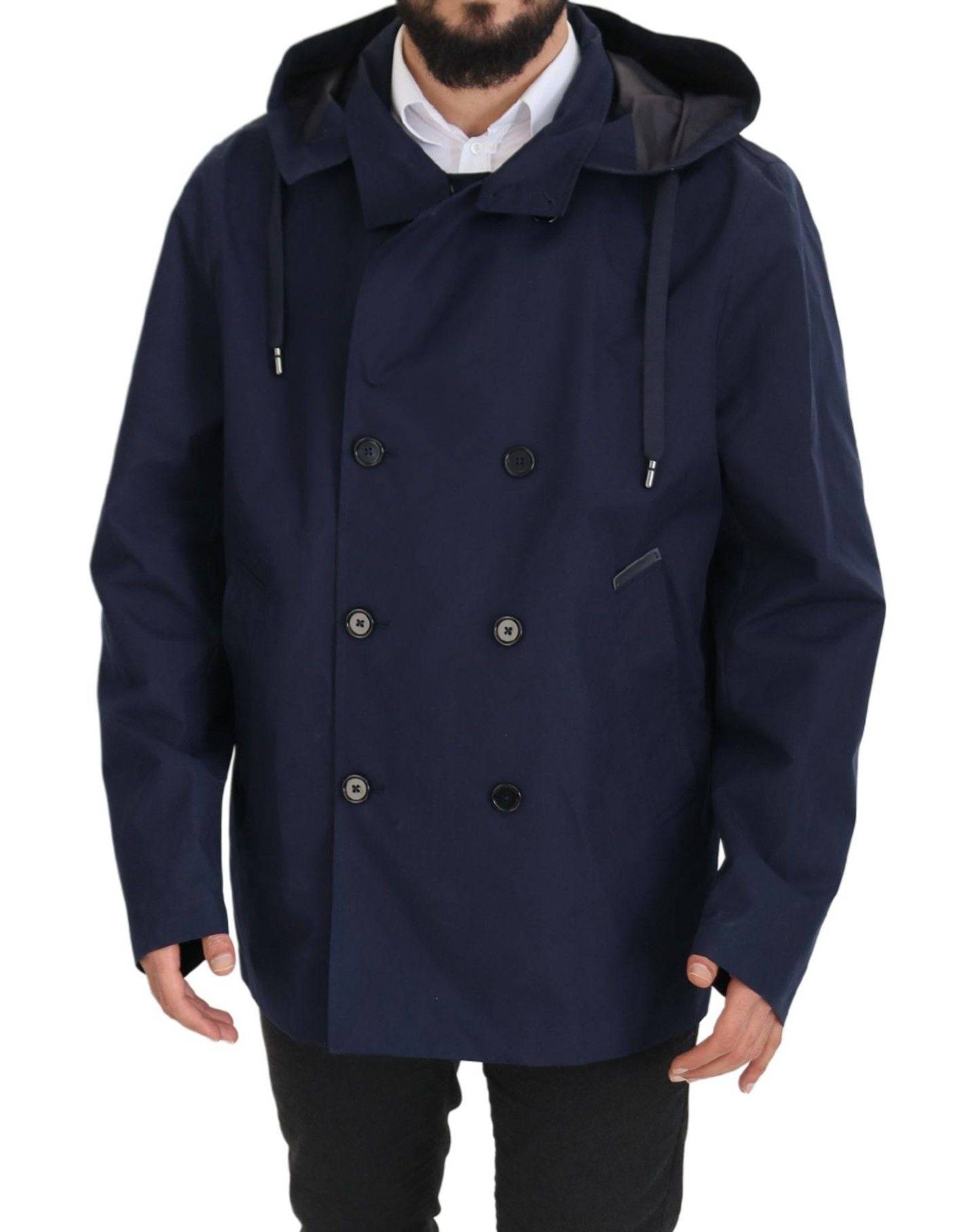 Manteau bleu à capuche Dolce & Gabbana, veste double boutonnage élégante, en tissu chaud et sophistiqué.