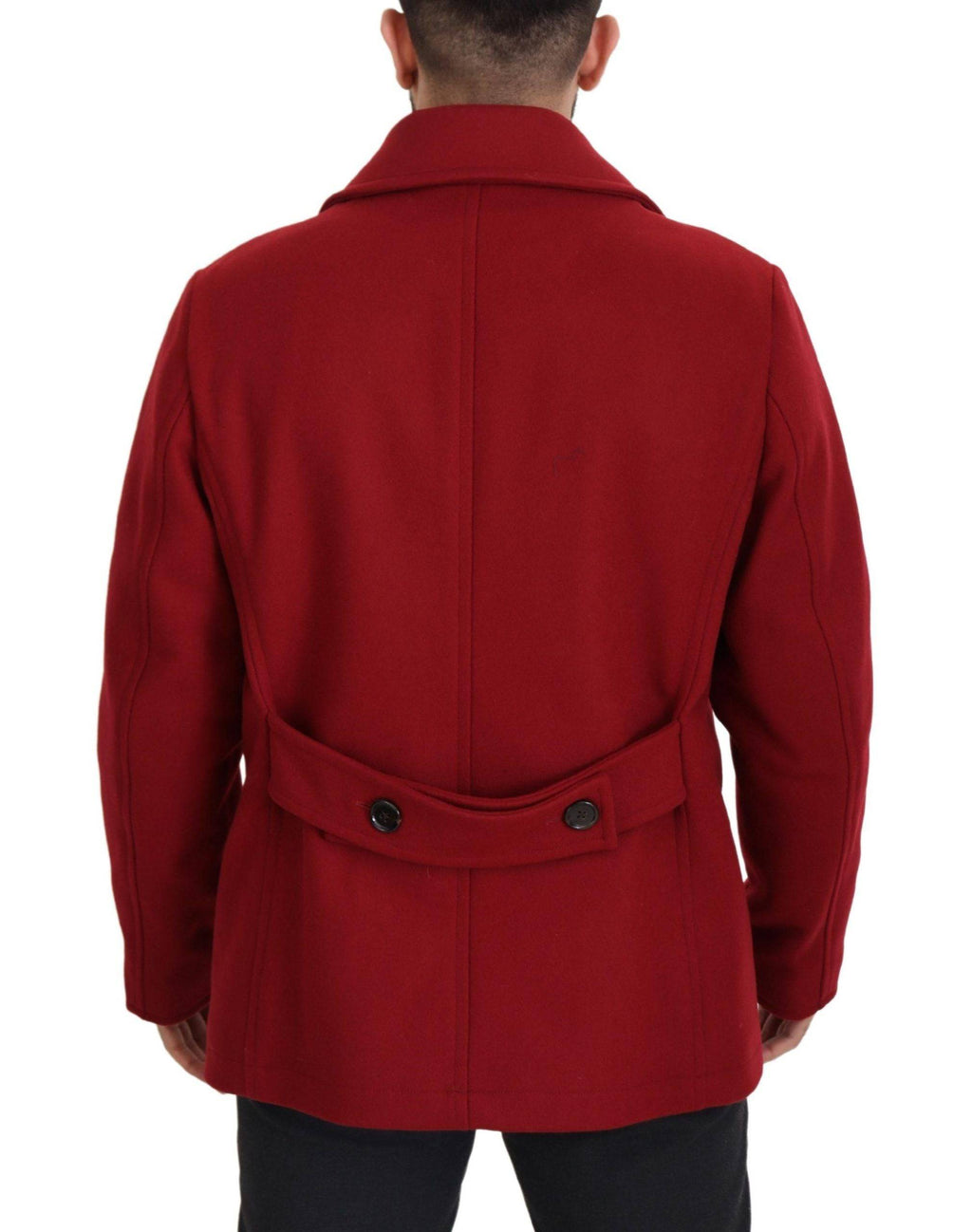 Manteau en laine rouge Dolce & Gabbana à double boutonnage, veste élégante avec col et poches, prêt à porter.
