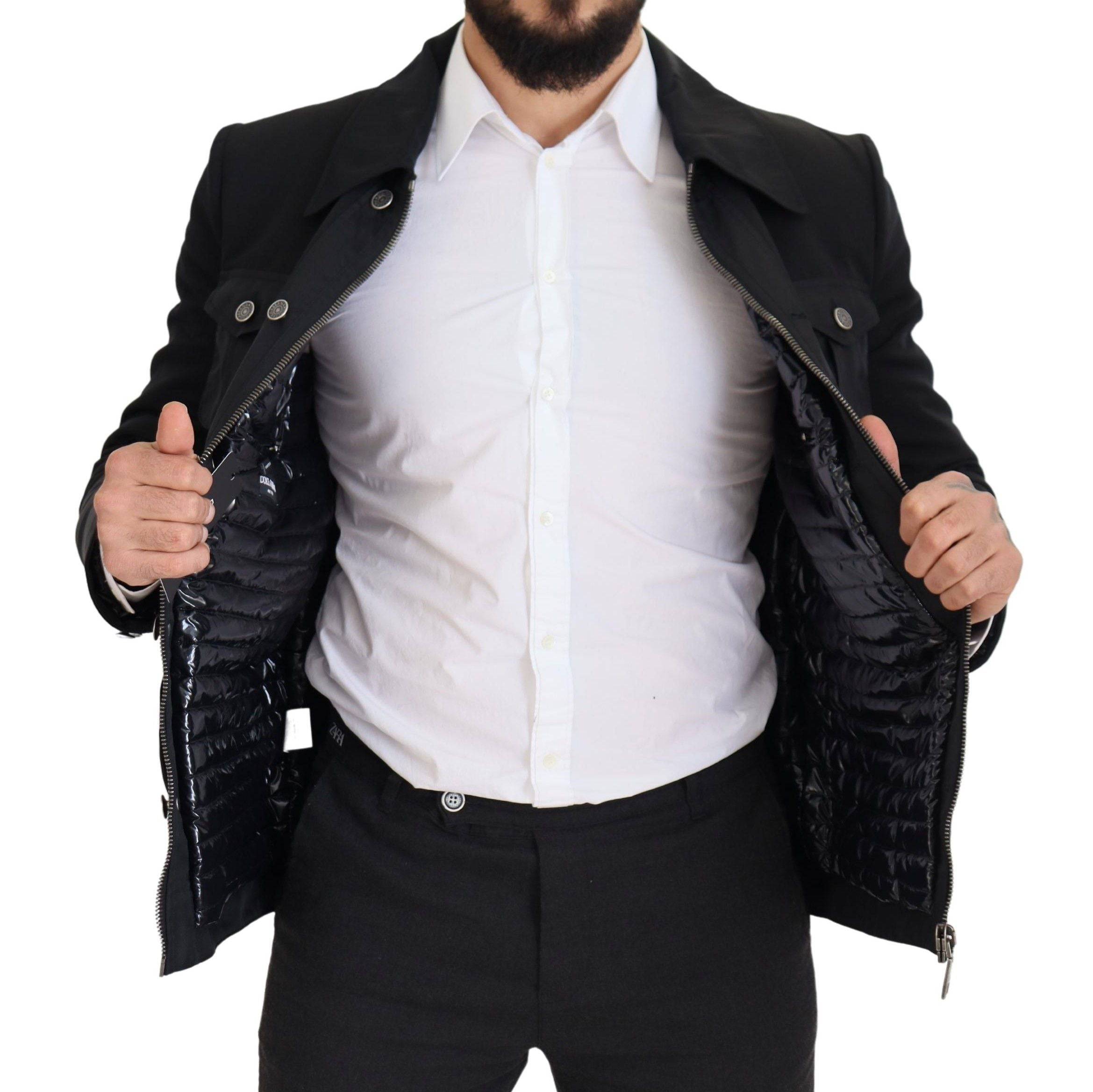 Veste en laine noire Dolce & Gabbana avec col et fermeture éclair complète, style élégant et moderne.