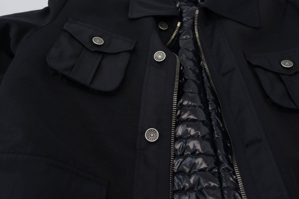 Veste en laine noire Dolce & Gabbana à col montant et fermeture éclair complète, mode élégante et sophistiquée.