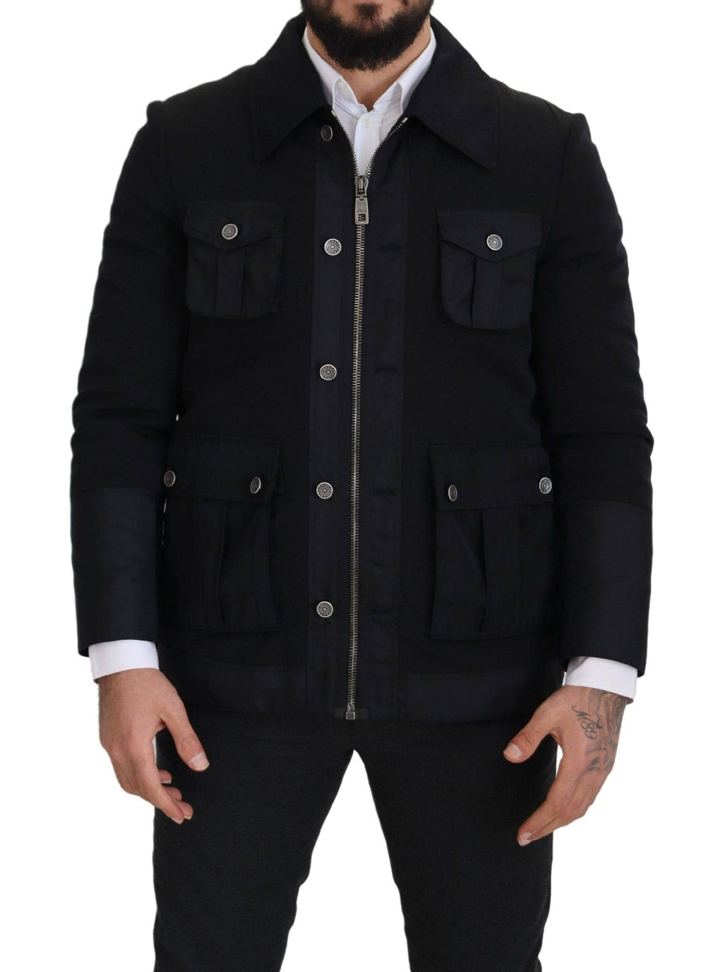 Veste noire en laine Dolce & Gabbana avec col montant et fermeture éclair complète, élégante et sophistiquée.