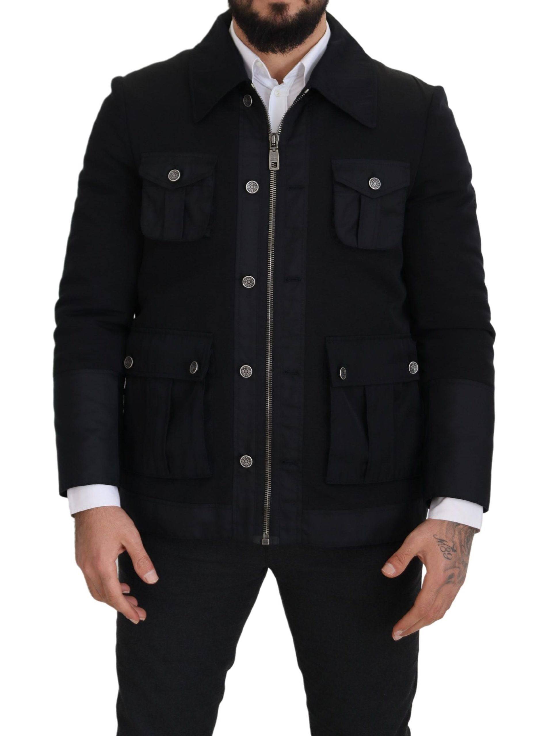 Veste noire en laine Dolce & Gabbana avec col montant et fermeture éclair complète, élégante et sophistiquée.