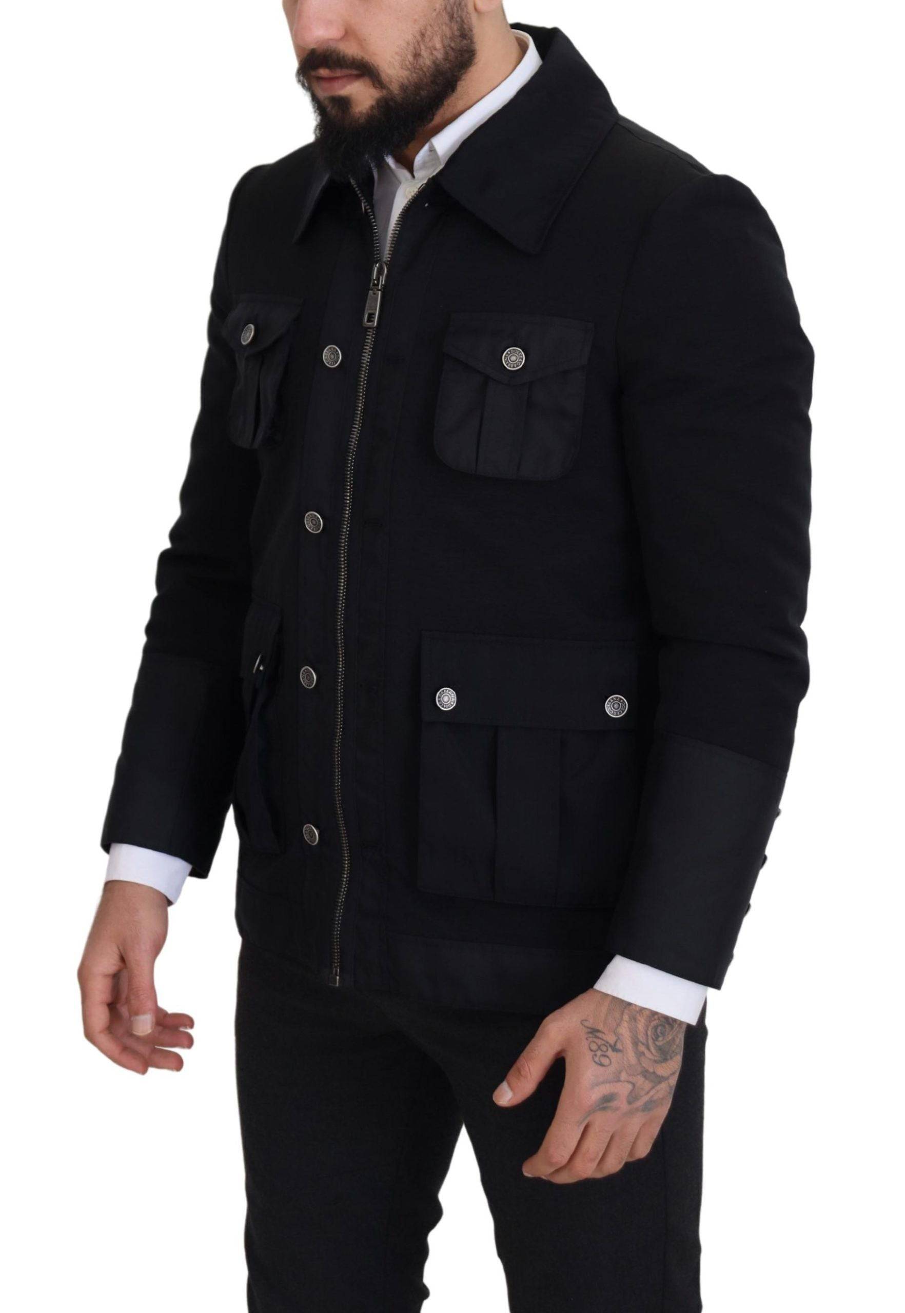 Veste zippée en laine noire Dolce & Gabbana avec col, vue de face, détails du col et de la fermeture éclair visible.