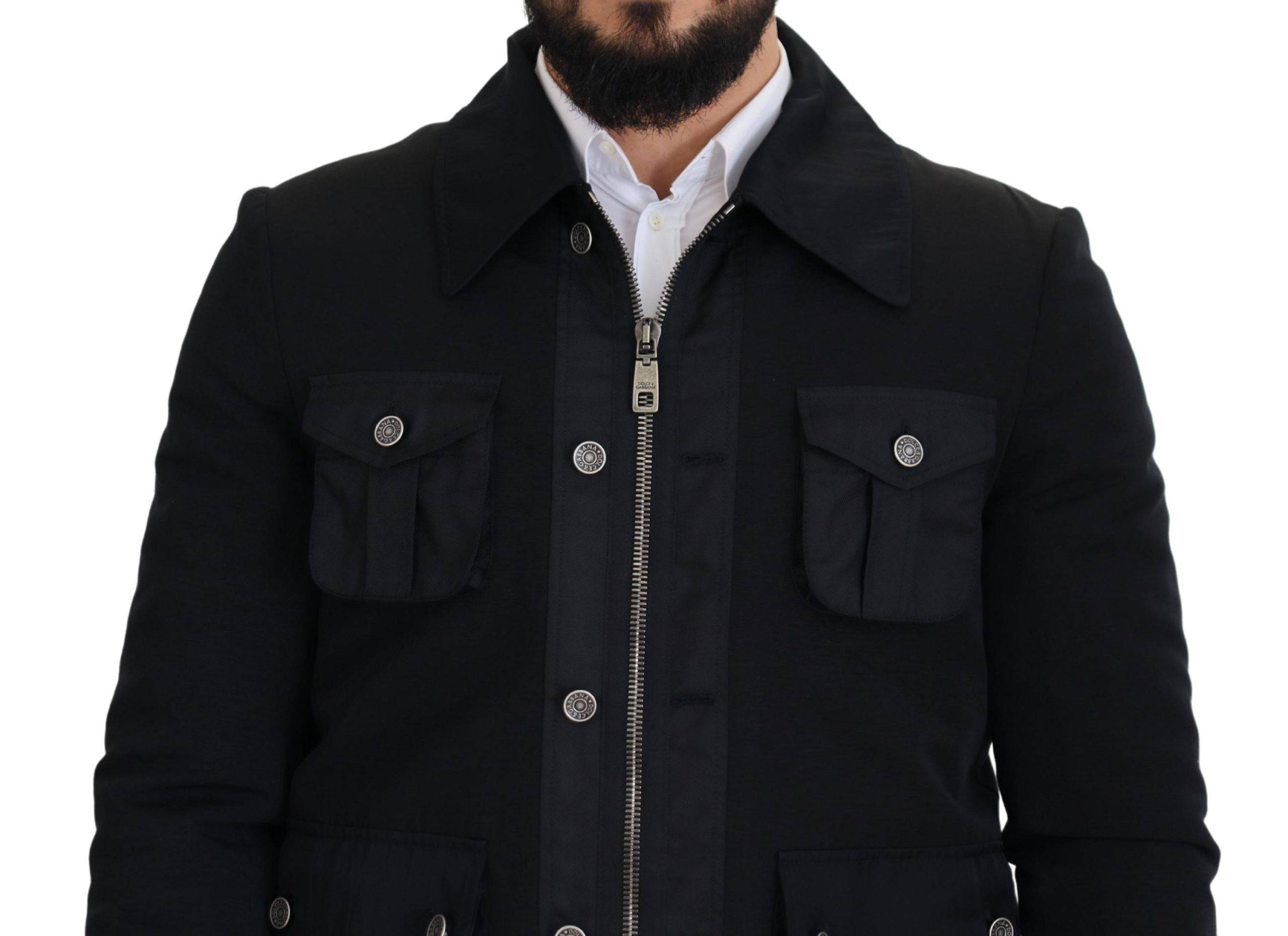 Veste en laine noire Dolce & Gabbana à col montant et fermeture éclair complète, vue de face.